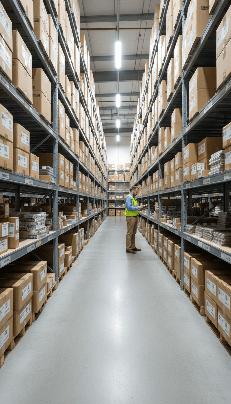 Well-organized warehouse interior with metal shelving and inventory management