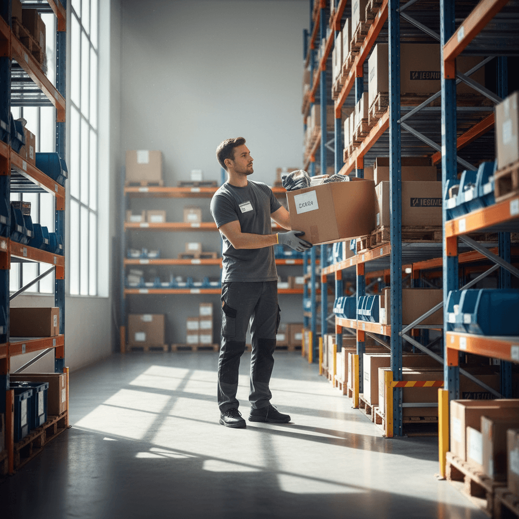 Warehouse worker efficiently handling inventory in organized facility