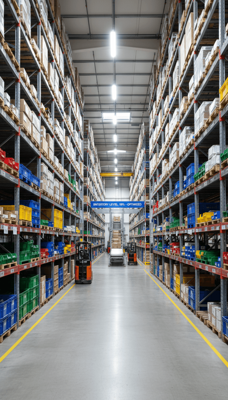Organized storage shelves and inventory in a warehouse facility
