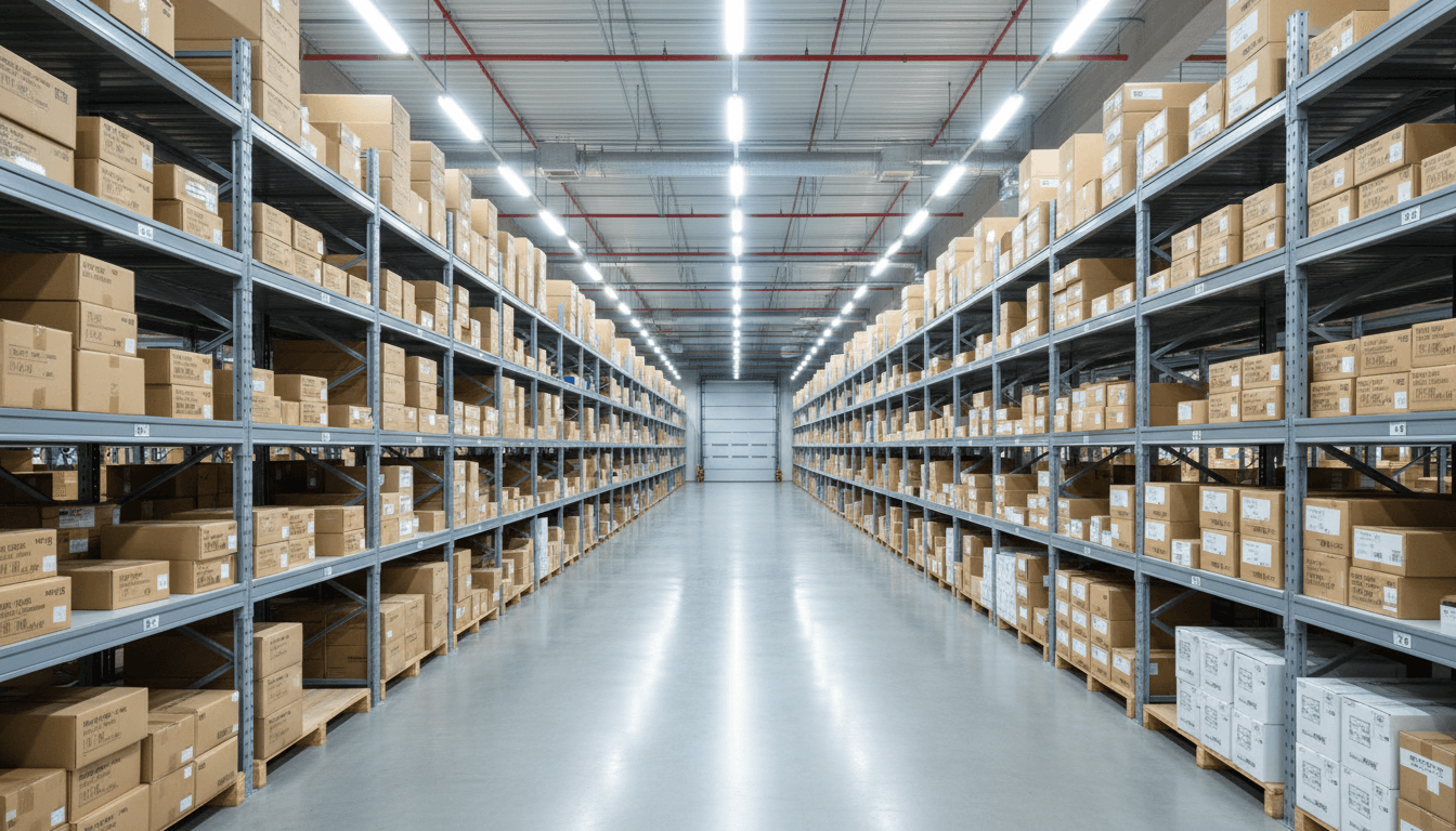 Organized warehouse storage with metal shelving and inventory boxes
