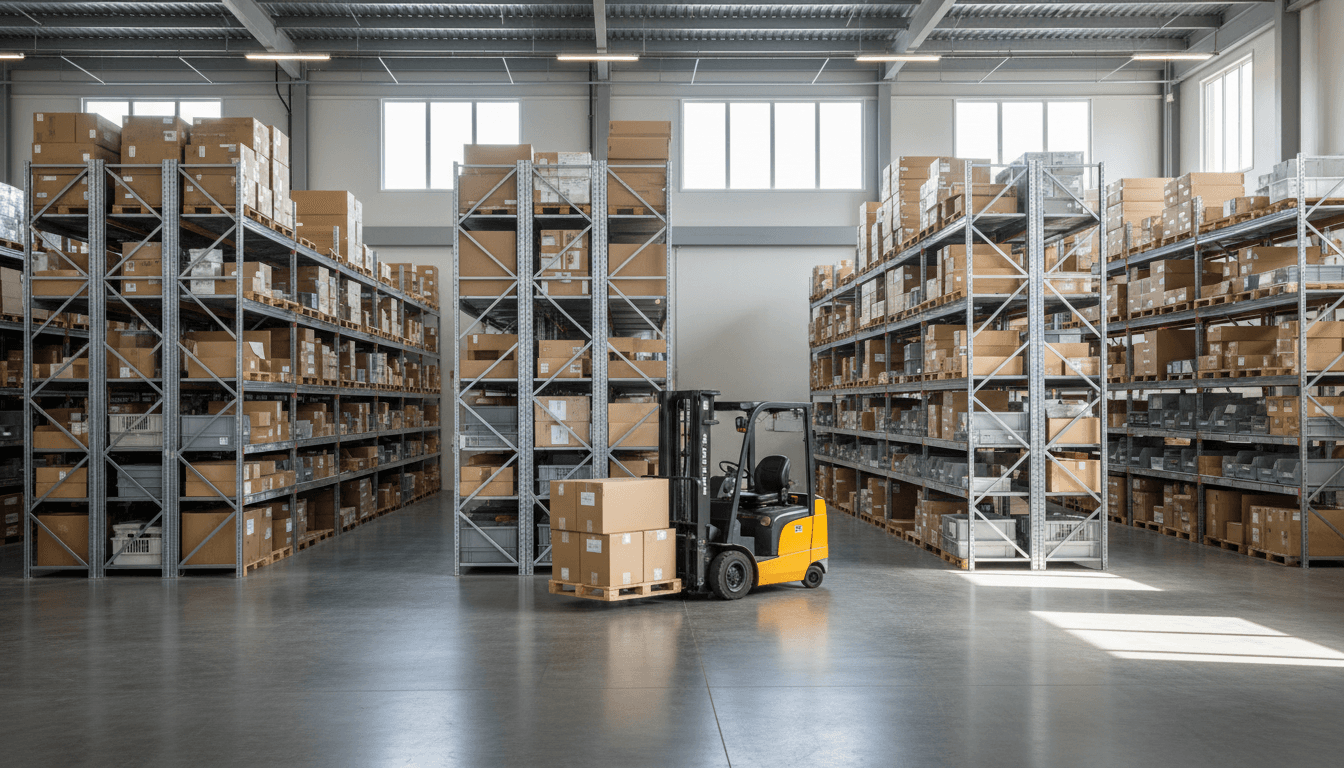 Organized warehouse interior with rows of storage racks and inventory