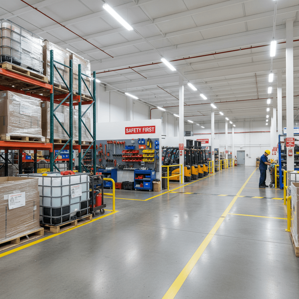 Well-organized warehouse with clear aisles and safety measures