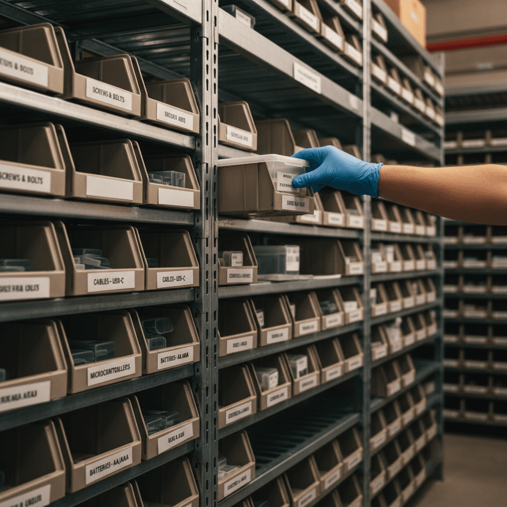 Organized warehouse shelving with labeled inventory bins