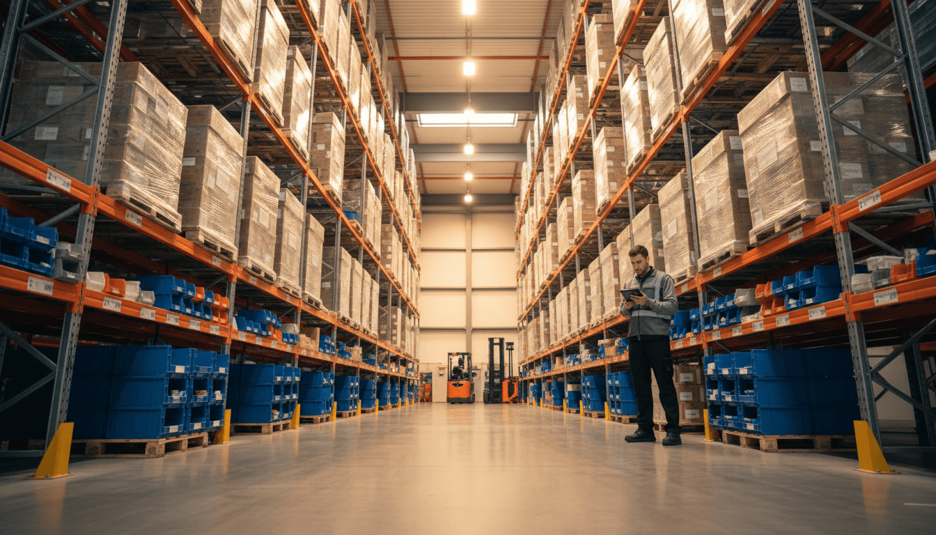 Organized warehouse interior with efficient storage racks and professional inventory management