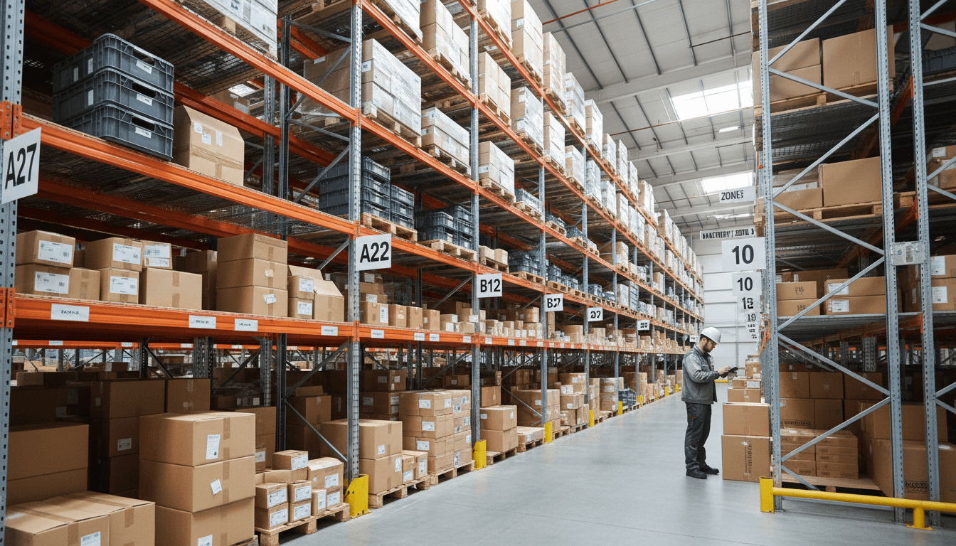 Organized warehouse interior with shelving, inventory, and warehouse staff managing storage efficiently